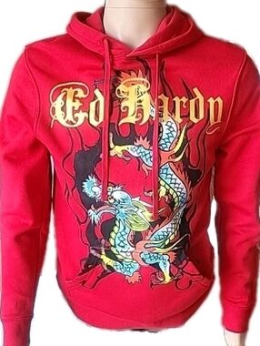Ed Hardy Hoodie Mens Small Red Dragon Graphic Print Pullover Streetwear Logo Y2K